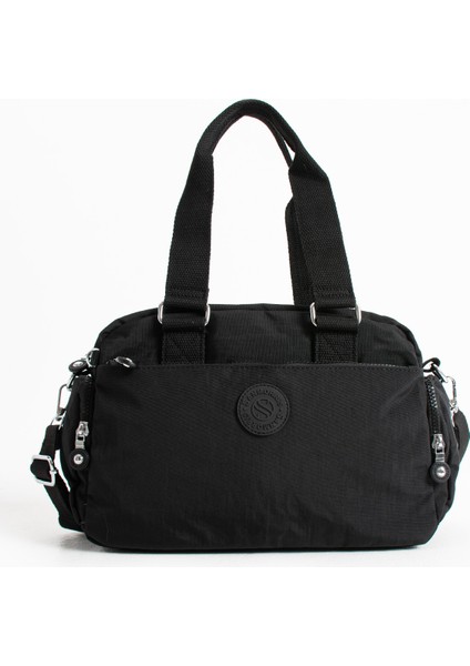 Unisex Krinkıl Kumaş Omuz ve Çapraz Askılı Siyah Renkli Çanta