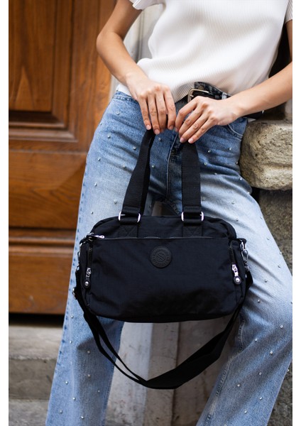 Unisex Krinkıl Kumaş Omuz ve Çapraz Askılı Siyah Renkli Çanta