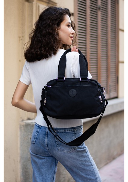 Unisex Krinkıl Kumaş Omuz ve Çapraz Askılı Siyah Renkli Çanta