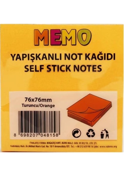 Memo Yapışkanlı Not Kağıdı 76X76MM Turuncu - 3 Adet