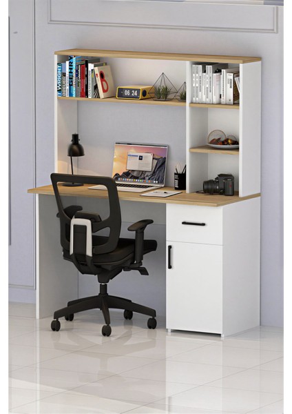 Esse Dolaplı Çekmeceli Kitaplıklı Çalışma Masası Beyaz Çam