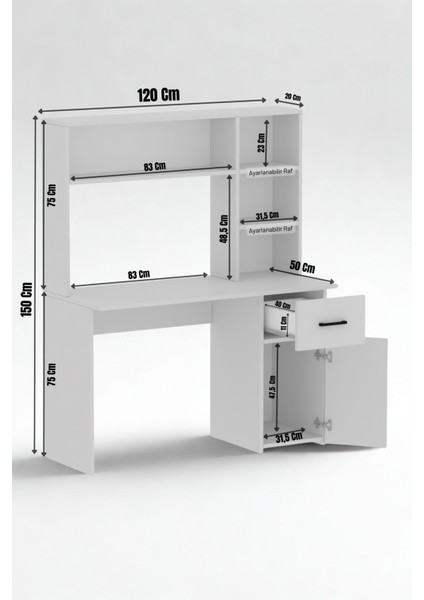 Esse Dolaplı Çekmeceli Kitaplıklı Çalışma Masası Beyaz Çam