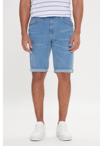 Erkek Mavi Slim Fit Dar Kesim Pamuklu Esnek Denim Şort fiyatları