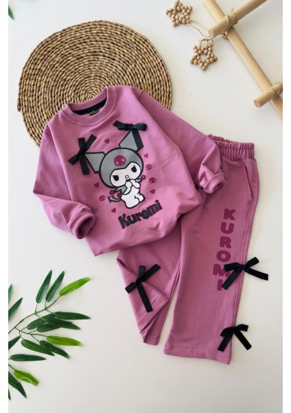 Krm Fiyonk Detaylı Kız Çocuk 2 li takım - Gül Kurusu