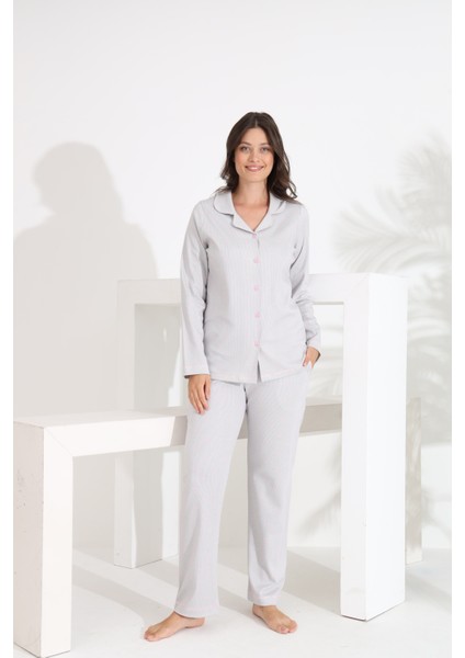 %100 Pamuk Uzun Kol Önden Düğmeli Kalpli Kadın Pijama Takımı 98300-301