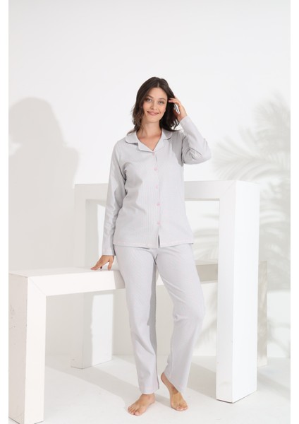 %100 Pamuk Uzun Kol Önden Düğmeli Kalpli Kadın Pijama Takımı 98300-301 fiyatları