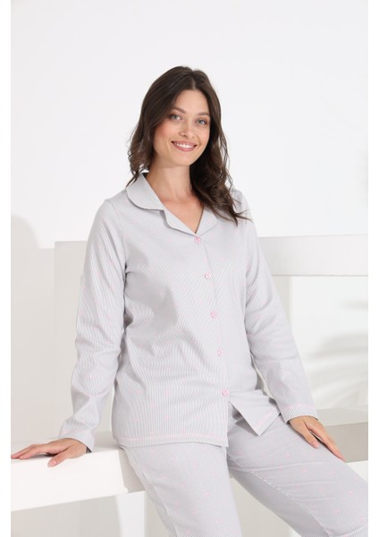 %100 Pamuk Uzun Kol Önden Düğmeli Kalpli Kadın Pijama Takımı 98300-301 fırsatları