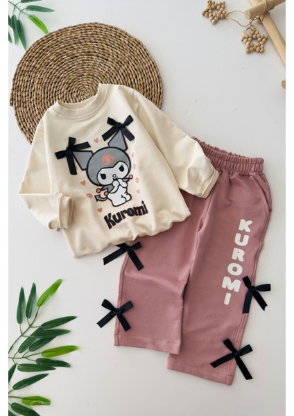 Krm Fiyonk Detaylı Kız Çocuk 2 li takım - Krem