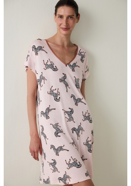 Aging Açık Pembe Collagen V Yaka Kısa Kollu Gecelik