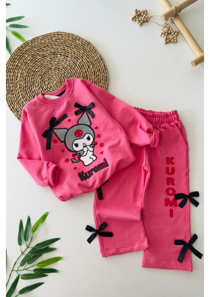 Krm Fiyonk Detaylı Kız Çocuk 2 li takım - Fuşya