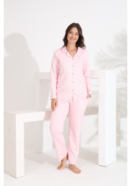 %100 Pamuk Uzun Kol Önden Düğmeli Kalpli Kadın Pijama Takımı 98300-301