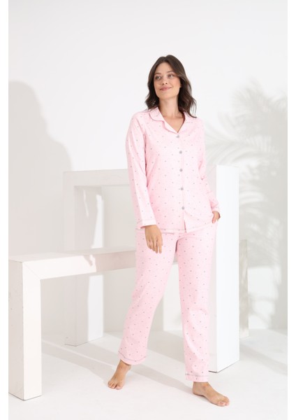 %100 Pamuk Uzun Kol Önden Düğmeli Kalpli Kadın Pijama Takımı 98300-301 fiyatları