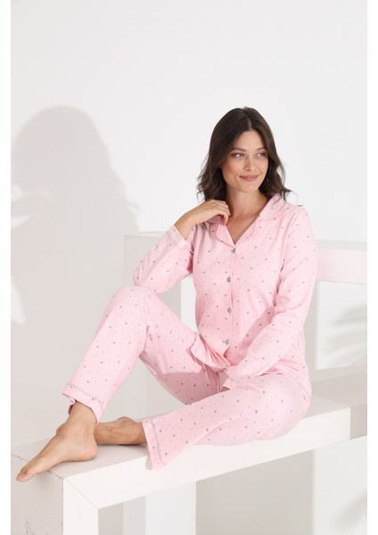 %100 Pamuk Uzun Kol Önden Düğmeli Kalpli Kadın Pijama Takımı 98300-301 modelleri