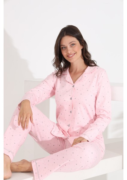 %100 Pamuk Uzun Kol Önden Düğmeli Kalpli Kadın Pijama Takımı 98300-301 fırsatları