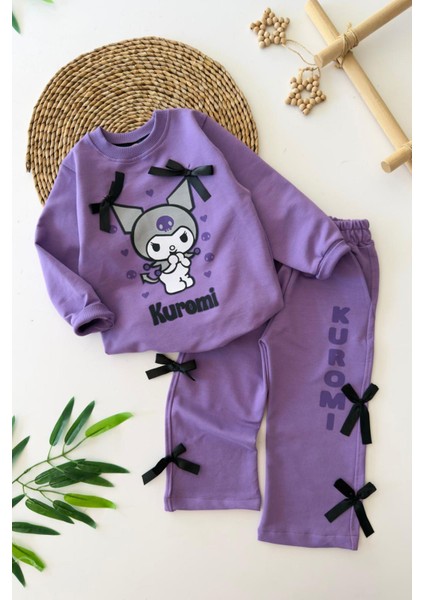 Krm Fiyonk Detaylı Kız Çocuk 2 li takım - Mor