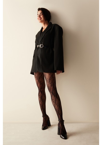 Siyah Çiçekli File Külotlu Çorap