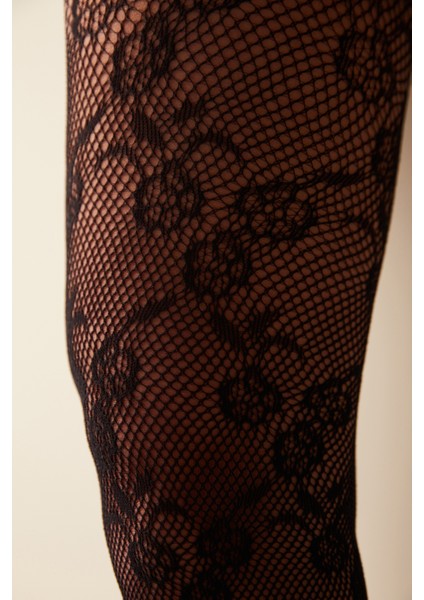 Siyah Çiçekli File Külotlu Çorap modelleri