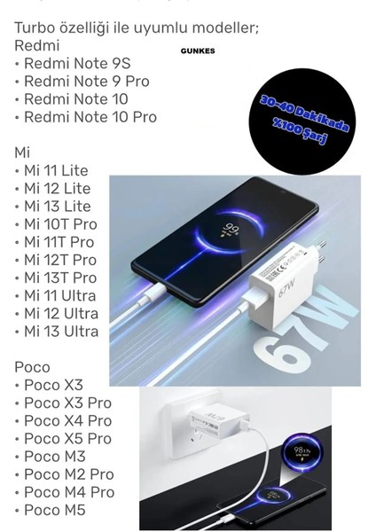 67WATT Hızlı Şarj Aleti Tüm Type-C Girişli Telefonlara Uyumlu USB Adaptör ve 1m USB Type-C Kablo Şarj Seti modelleri