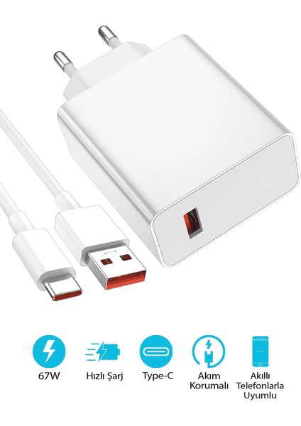 67WATT Hızlı Şarj Aleti Tüm Type-C Girişli Telefonlara Uyumlu USB Adaptör ve 1m USB Type-C Kablo Şarj Seti fırsatları