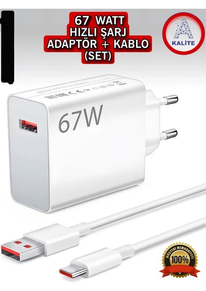 67WATT Hızlı Şarj Aleti Tüm Type-C Girişli Telefonlara Uyumlu USB Adaptör ve 1m USB Type-C Kablo Şarj Seti