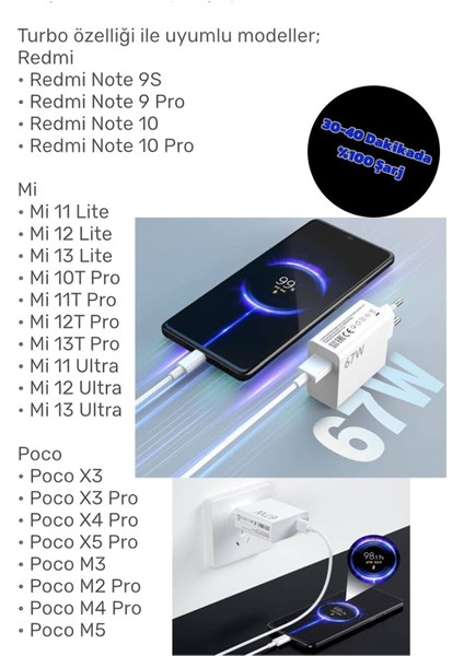 67WATT Hızlı Şarj Aleti Tüm Type-C Girişli Telefonlara Uyumlu USB Adaptör ve 1m USB Type-C Kablo Şarj Seti