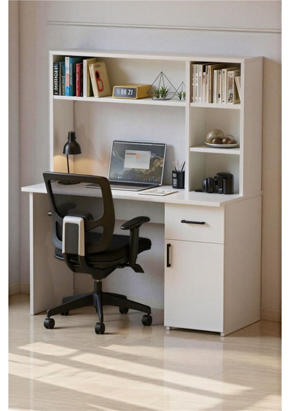 Esse Dolaplı Çekmeceli Kitaplıklı Çalışma Masası Beyaz