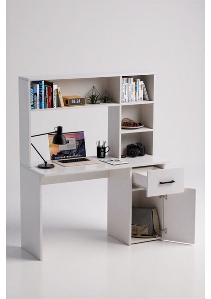 Esse Dolaplı Çekmeceli Kitaplıklı Çalışma Masası Beyaz