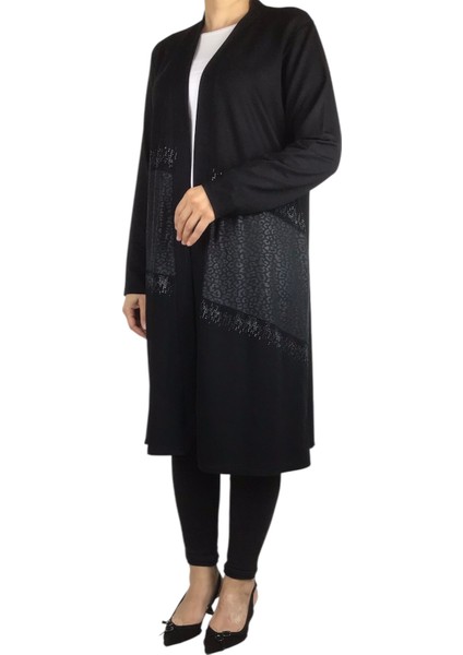 Kadın Önü Desenli Derili Bedenli Kristal Penye Hırka