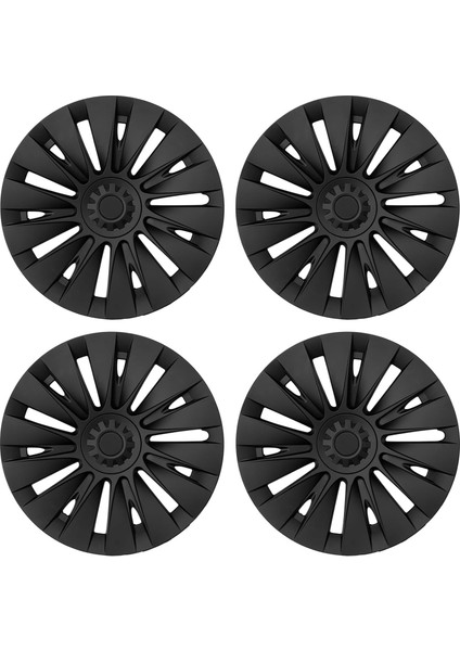 Tesla Model Y Uyumlu Jant Kapağı 19'' Düz Kenar Tip - Çiçek Merkez - Mat Siyah - Siyah T Göbek (4 Adet )