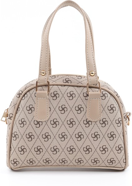 Monogram Baskılı Vizon SHK205 Suni Deri Fermuarlı Tek Bölmeli Ayarlanabilir Askılı El,kol ve Omuz Çantası U:18 E:22 G:7 cm
