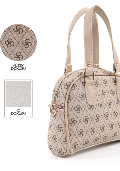 Monogram Baskılı Vizon SHK205 Suni Deri Fermuarlı Tek Bölmeli Ayarlanabilir Askılı El,kol ve Omuz Çantası U:18 E:22 G:7 cm indirimleri