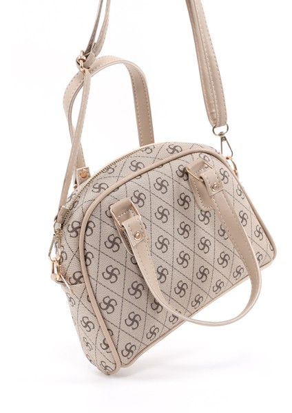Monogram Baskılı Vizon SHK205 Suni Deri Fermuarlı Tek Bölmeli Ayarlanabilir Askılı El,kol ve Omuz Çantası U:18 E:22 G:7 cm