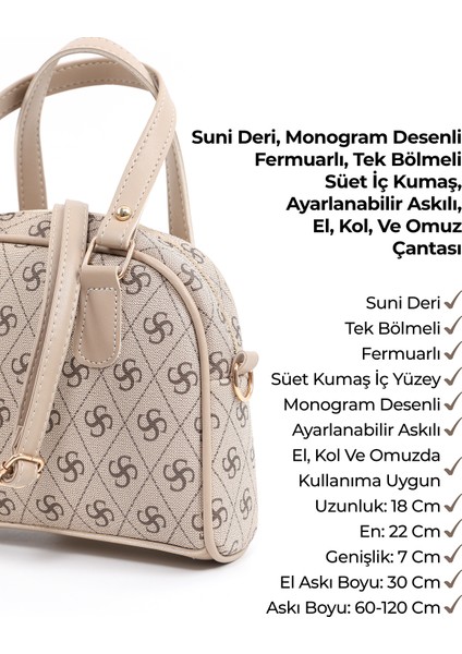 Monogram Baskılı Vizon SHK205 Suni Deri Fermuarlı Tek Bölmeli Ayarlanabilir Askılı El,kol ve Omuz Çantası U:18 E:22 G:7 cm