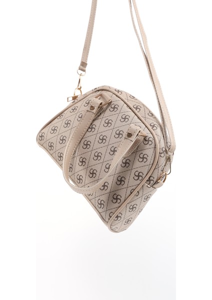 Monogram Baskılı Vizon SHK205 Suni Deri Fermuarlı Tek Bölmeli Ayarlanabilir Askılı El,kol ve Omuz Çantası U:18 E:22 G:7 cm