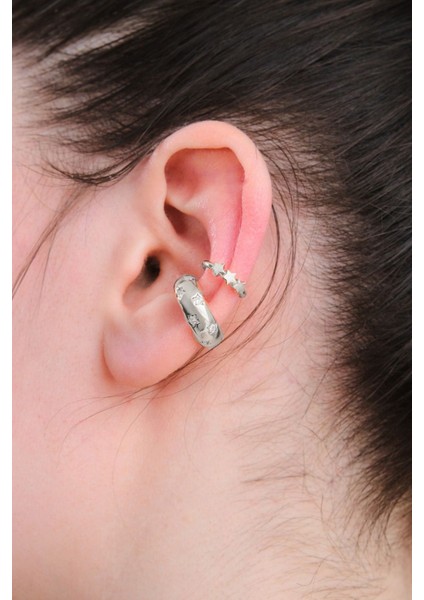 Gümüş Renk 2’li Yıldız Zirkon Taşlı Earcuff Seti