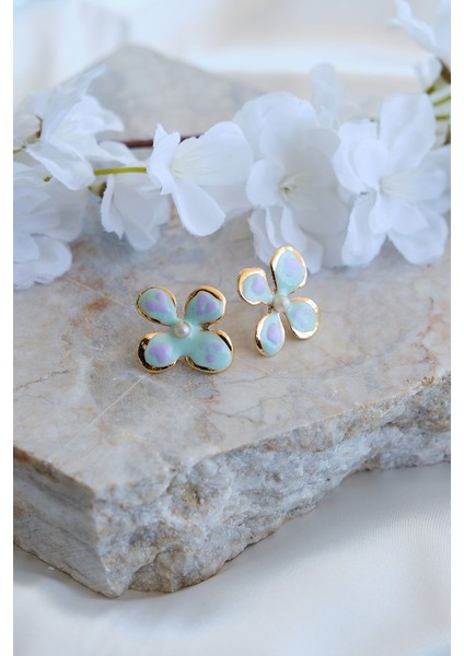 Altın Kaplama Incili Mavi Mineli Çiçek Küpe