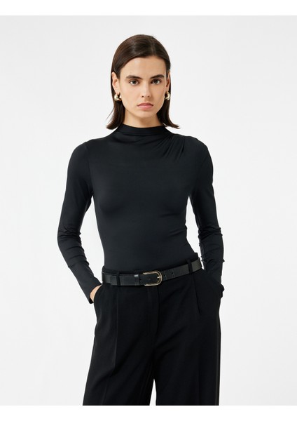 Slim Fit Hafif Dik Yaka Drape Detaylı Uzun Kollu Bodysuit