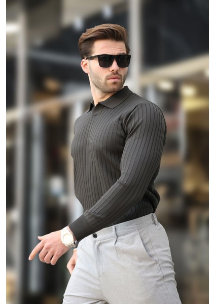 Antrasit Polo Yaka Çizgili Uzun Kollu Kazak 7239