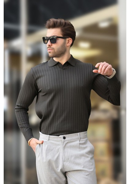 Antrasit Polo Yaka Çizgili Uzun Kollu Kazak 7239 fiyatları