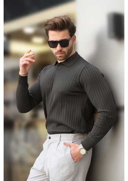 Antrasit Polo Yaka Çizgili Uzun Kollu Kazak 7239 modelleri