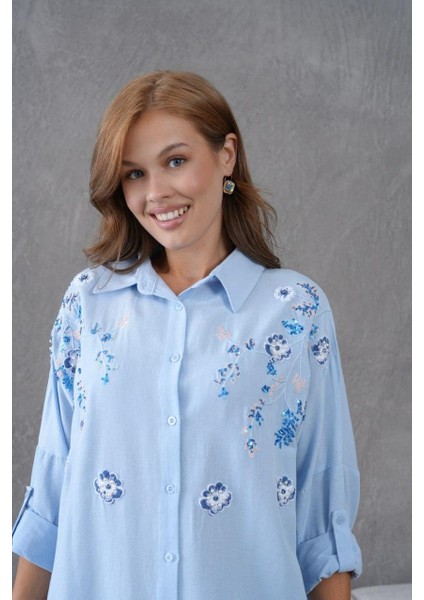 Kadın Uzun Nakış Işlemeli Keten Oversize Düğmeli Gömlek