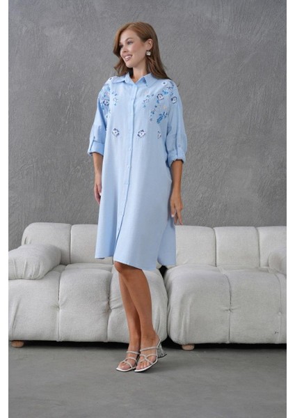 Kadın Uzun Nakış Işlemeli Keten Oversize Düğmeli Gömlek fiyatları