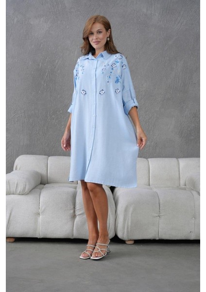 Kadın Uzun Nakış Işlemeli Keten Oversize Düğmeli Gömlek modelleri