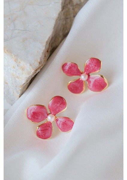 Altın Kaplama Incili Mürdüm Mineli Çiçek Küpe