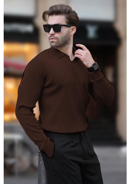 Acı Kahverengi Polo Yaka Çizgili Uzun Kollu Kazak 7239 fiyatları