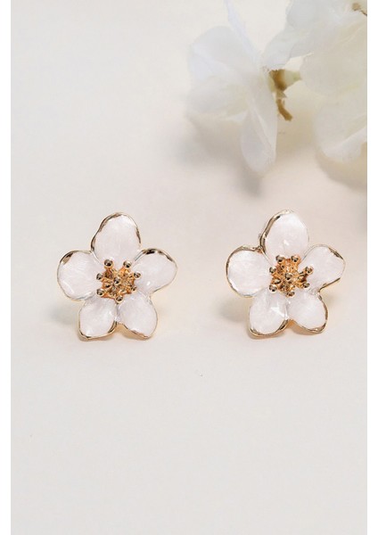 Altın Kaplama Beyaz Sakura Çiçeği Küpe