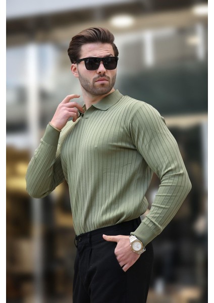 Haki Polo Yaka Çizgili Uzun Kollu Kazak 7239 fiyatları