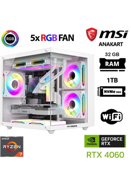 Cube X60 Ryzen 7 5700X 32GB Ram 1tb M.2 Nvme SSD 8gb RTX4060 Beyaz Masaüstü Oyuncu Bilgisayarı