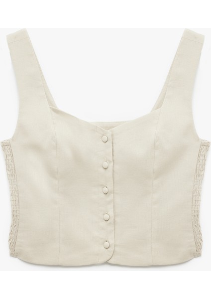 Gipeli Kare Yaka Düğmeli Kalın Askılı Keten Crop Bluz