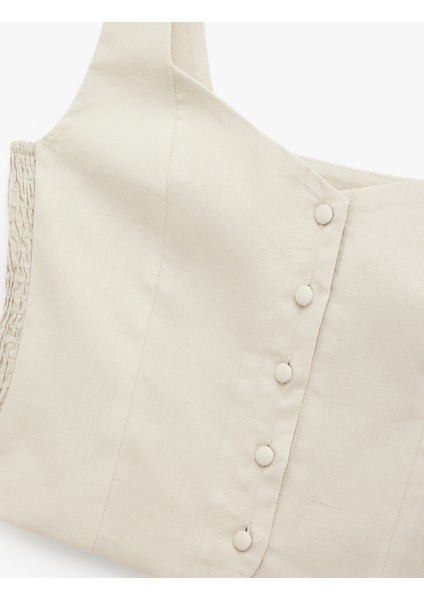 Gipeli Kare Yaka Düğmeli Kalın Askılı Keten Crop Bluz modelleri